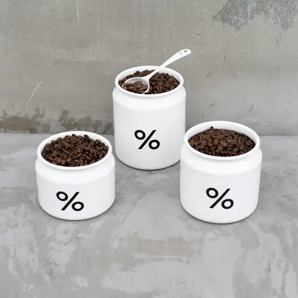 % ARABICA Enamel Coated Stainless Steel Canister with Eva resin inner lid.  Set of 3, white.